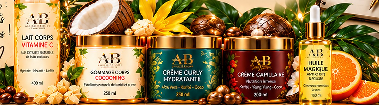 La collection complète Aaliyaah Beauty Cosmétique : lait corps Vitamine C, gommage Cocooning, crème Curly, crème capillaire Afro et Huile Magique